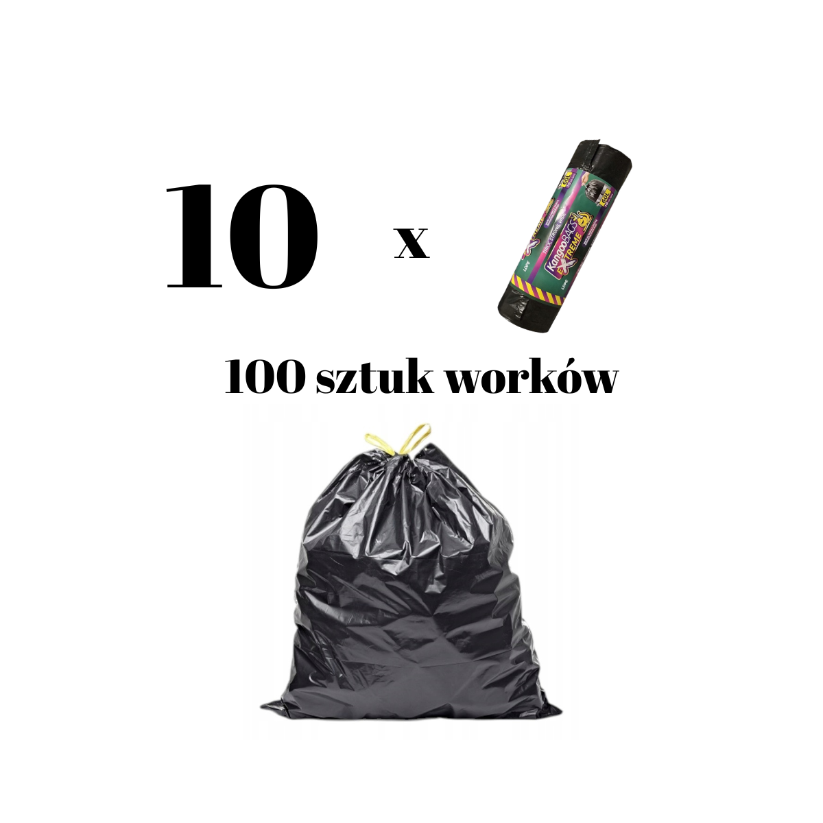 Kangoo Bags  100 sztuk ( 10 rolek po 10 sztuk)- Worki na śmieci z taśmą 100 x 60L – extra mocne, idealne do pampersów i odpadów medycznych