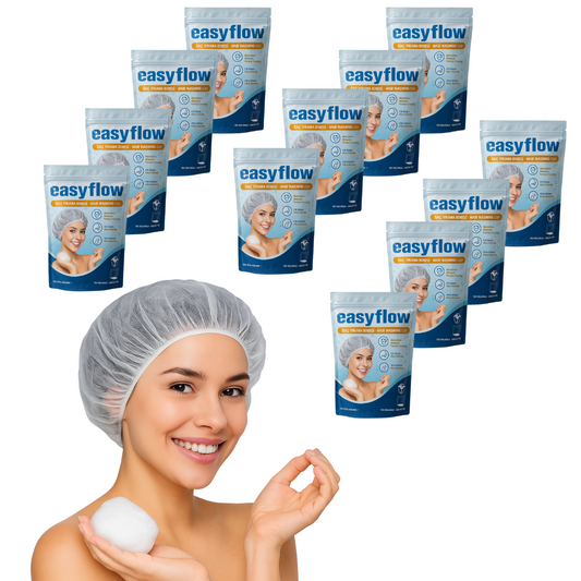 EasyFlow Czepek 2w1 do mycia włosów bez wody z szamponem i odżywką – 12 szt. dla osób leżących i chorych