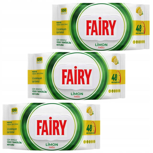 Duże Nawilżane Chusteczki do czyszczenia Fairy Lemon - 3x uniwersalne 100 szt.