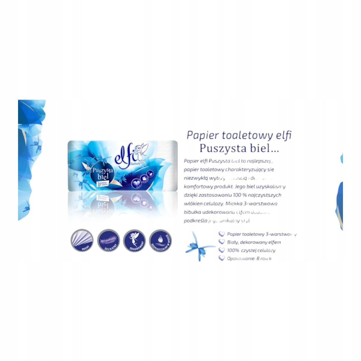 Papier toaletowy Elfi Puszysta biel 8 rolek 3-warstwowy miękki biały mocny