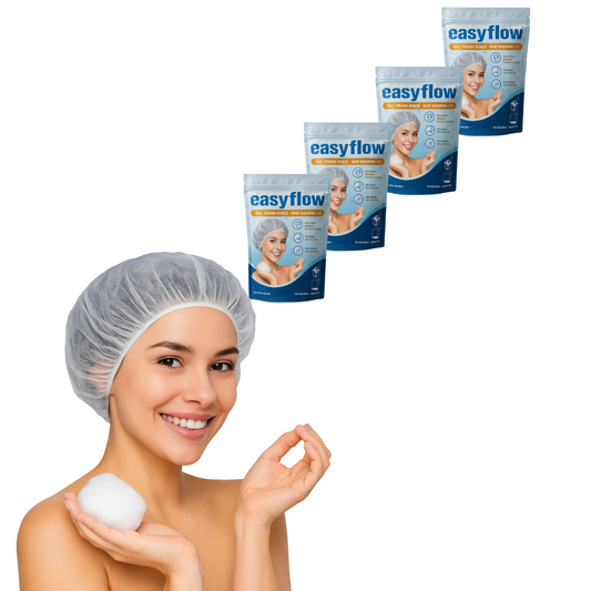 EasyFlow Czepek 2w1 do mycia włosów bez wody z szamponem i odżywką – 4 szt. dla osób leżących i chorych