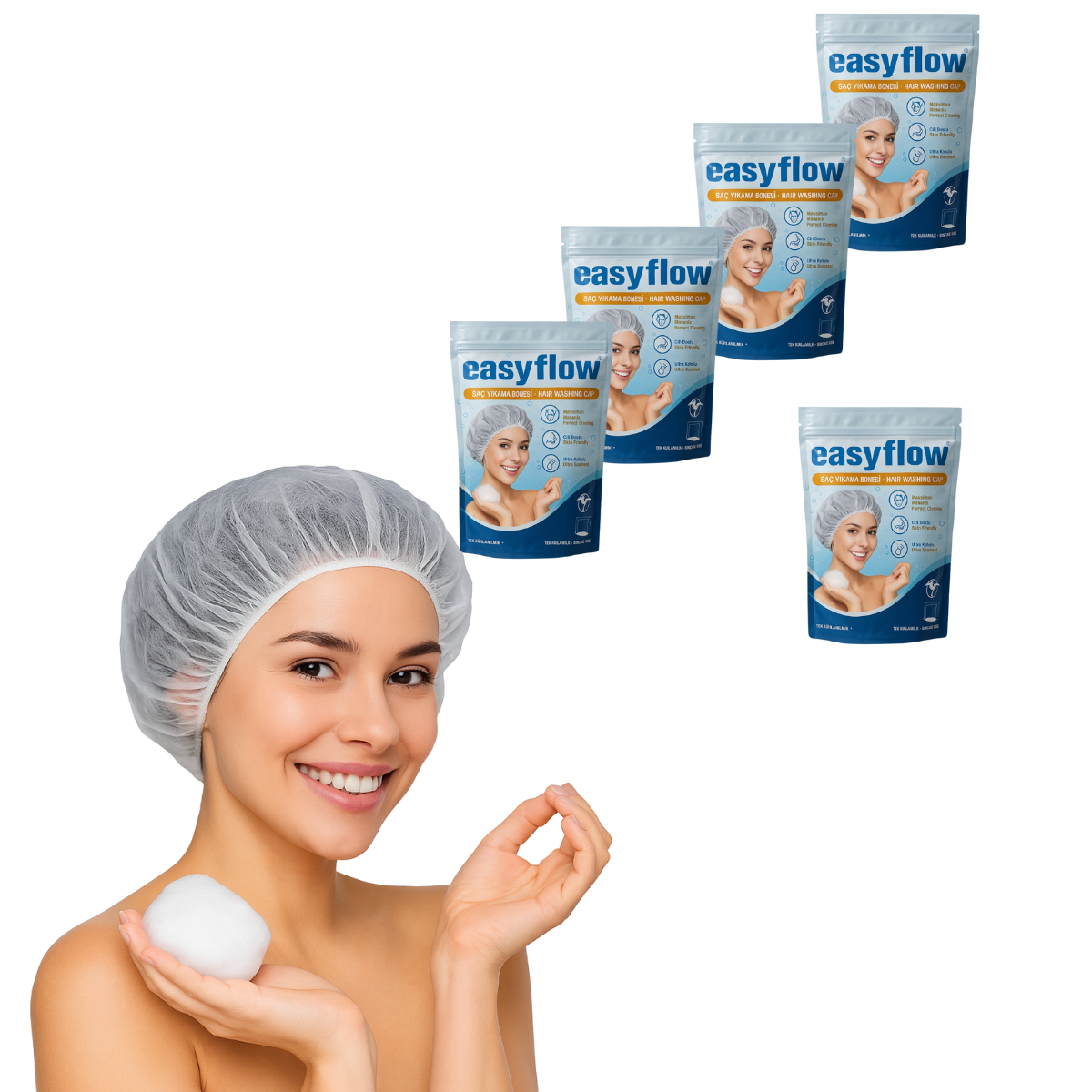 EasyFlow Czepek 2w1 do mycia włosów bez wody z szamponem i odżywką – 5 szt. dla osób leżących i chorych