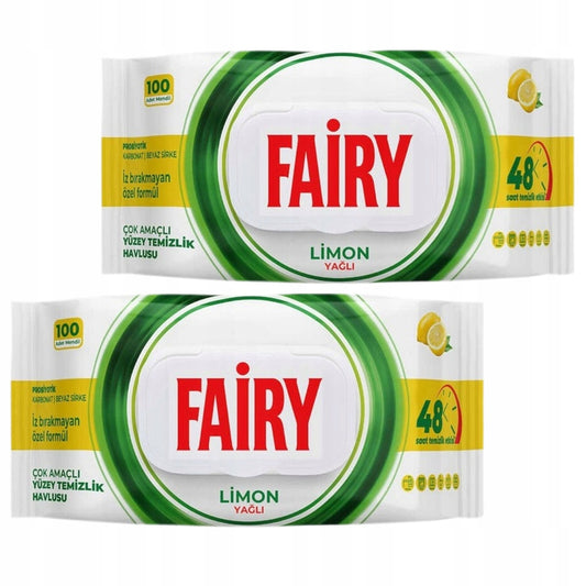Duże Nawilżane Chusteczki do czyszczenia Fairy Lemon - 2x uniwersalne 100 szt.