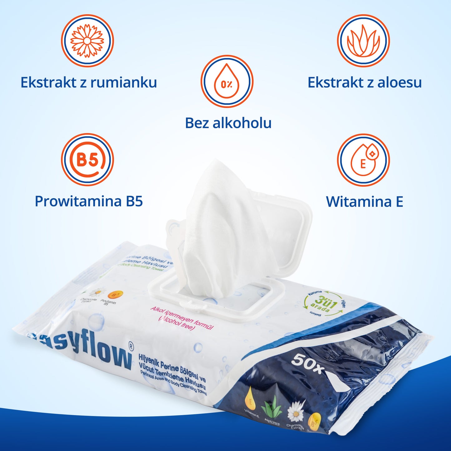 EasyFlow Chusteczki 8x50 szt. nawilżane Easyflow 3w1 do mycia ciała dla seniorów i pacjentów leżących – duży rozmiar, bez alkoholu, z aloesem i rumiankiem