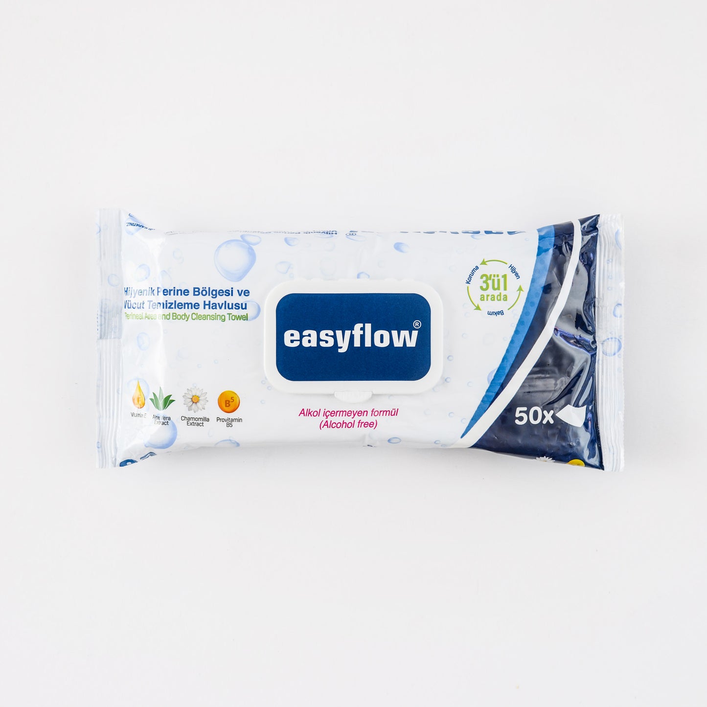 EasyFlow Chusteczki 8x50 szt. nawilżane Easyflow 3w1 do mycia ciała dla seniorów i pacjentów leżących – duży rozmiar, bez alkoholu, z aloesem i rumiankiem