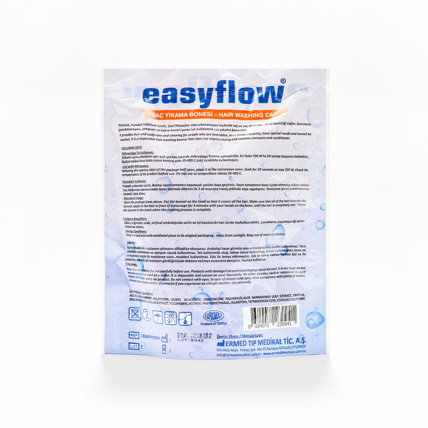 EasyFlow Czepek 2w1 do mycia włosów bez wody z szamponem i odżywką – 6 szt. dla osób leżących i chorych