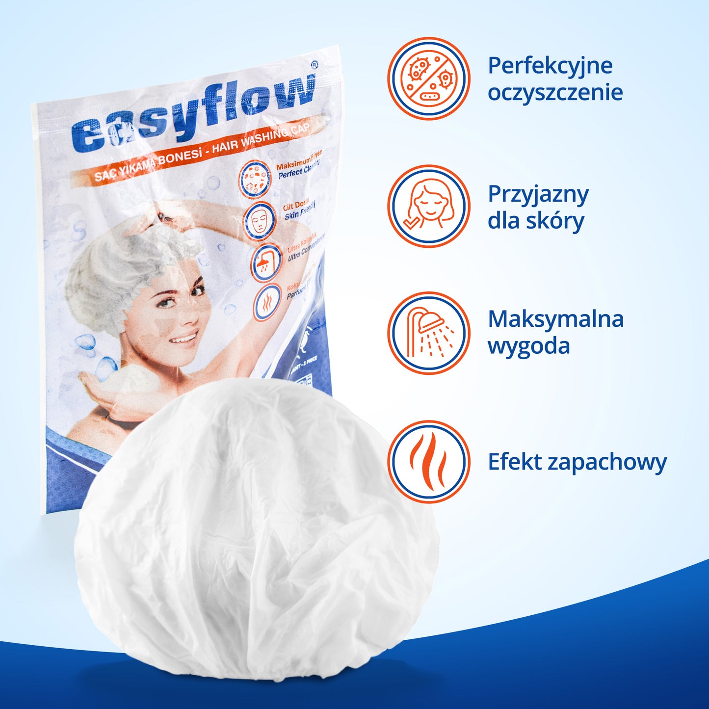 EasyFlow Czepek 2w1 do mycia włosów bez wody z szamponem i odżywką – 6 szt. dla osób leżących i chorych