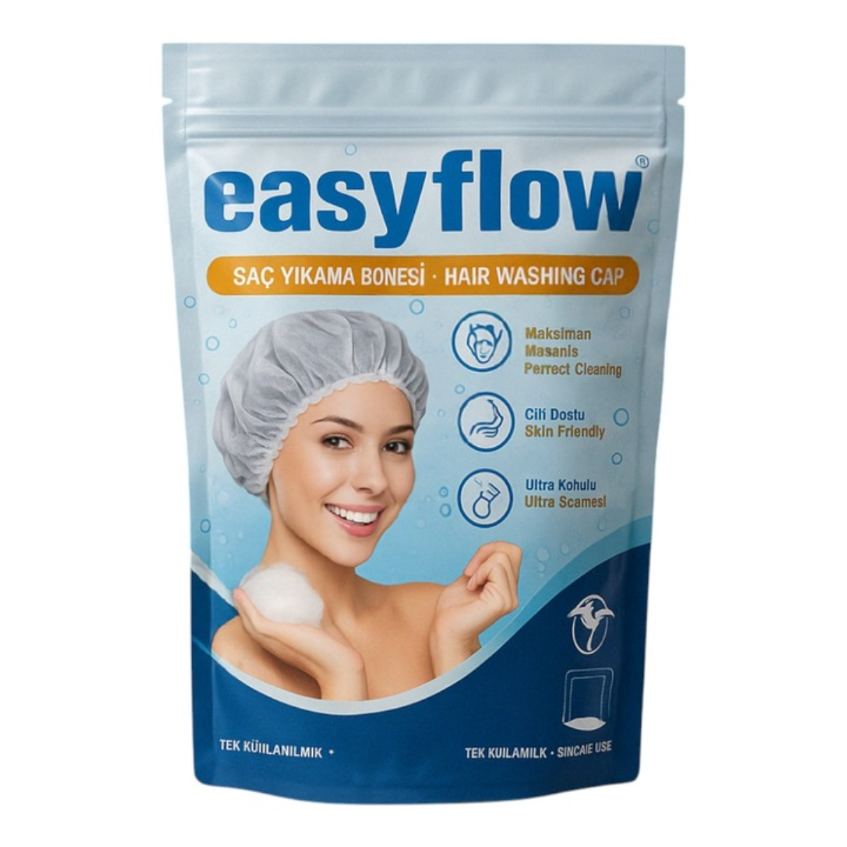 EasyFlow Czepek 2w1 do mycia włosów bez wody z szamponem i odżywką – 6 szt. dla osób leżących i chorych