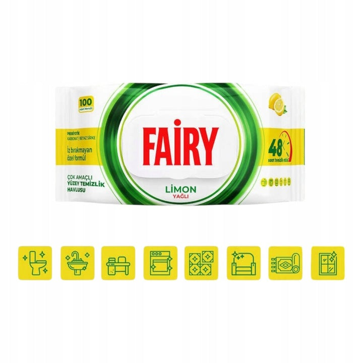 Duże Nawilżane Chusteczki do czyszczenia Fairy Lemon - 3x uniwersalne 100 szt.