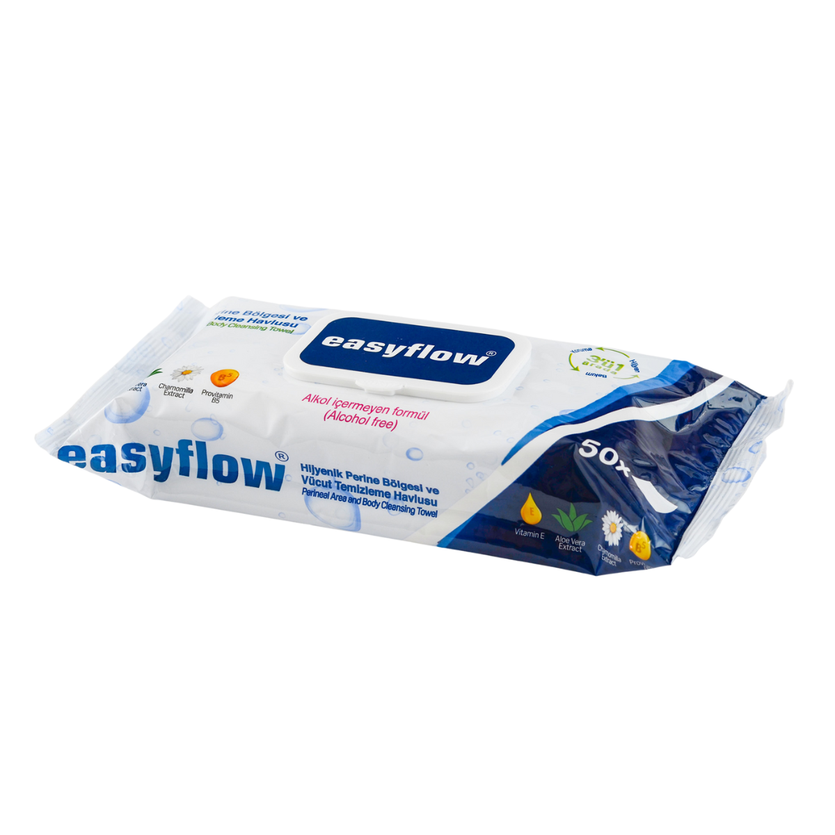 EasyFlow Chusteczki 8x50 szt. nawilżane Easyflow 3w1 do mycia ciała dla seniorów i pacjentów leżących – duży rozmiar, bez alkoholu, z aloesem i rumiankiem