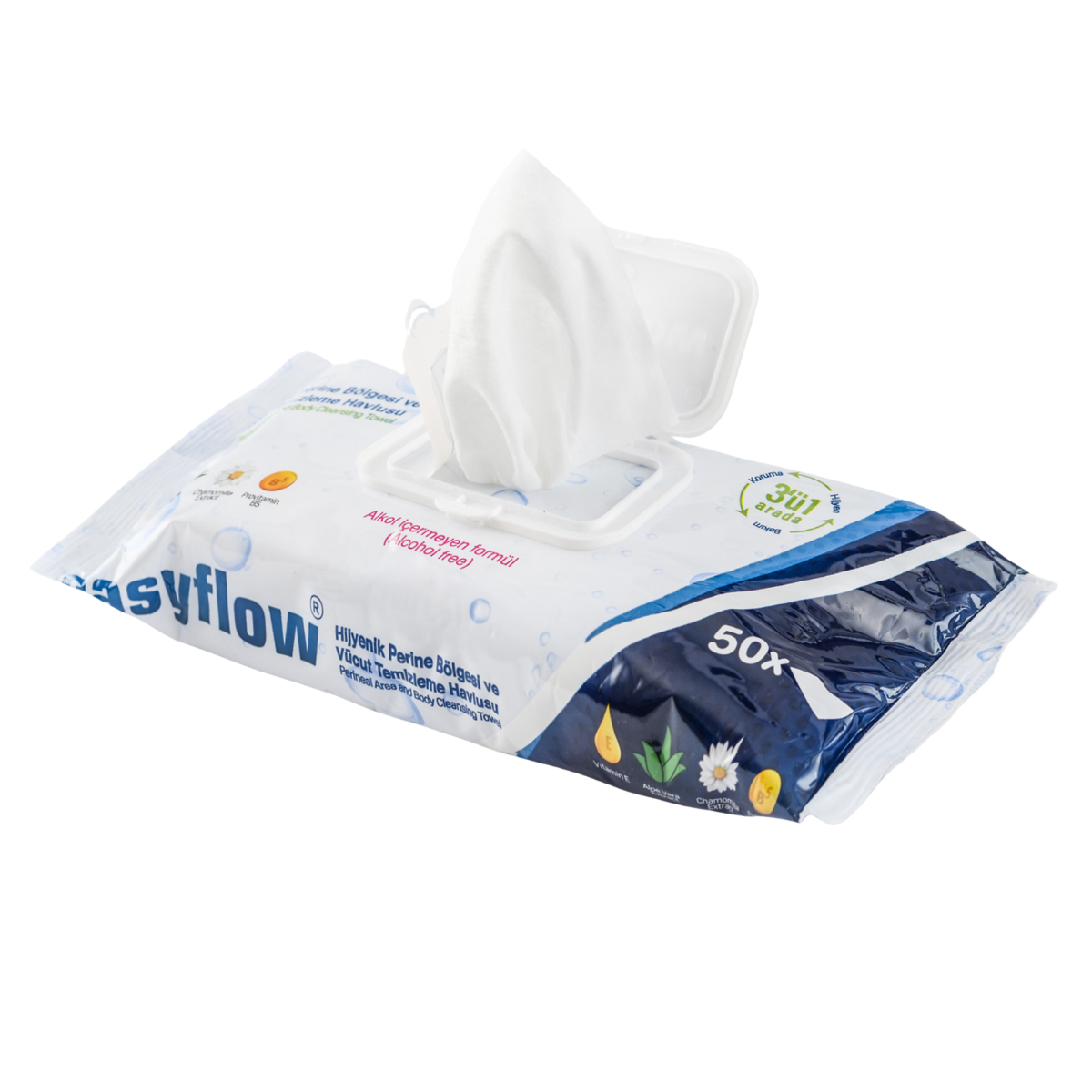 EasyFlow Chusteczki 8x50 szt. nawilżane Easyflow 3w1 do mycia ciała dla seniorów i pacjentów leżących – duży rozmiar, bez alkoholu, z aloesem i rumiankiem