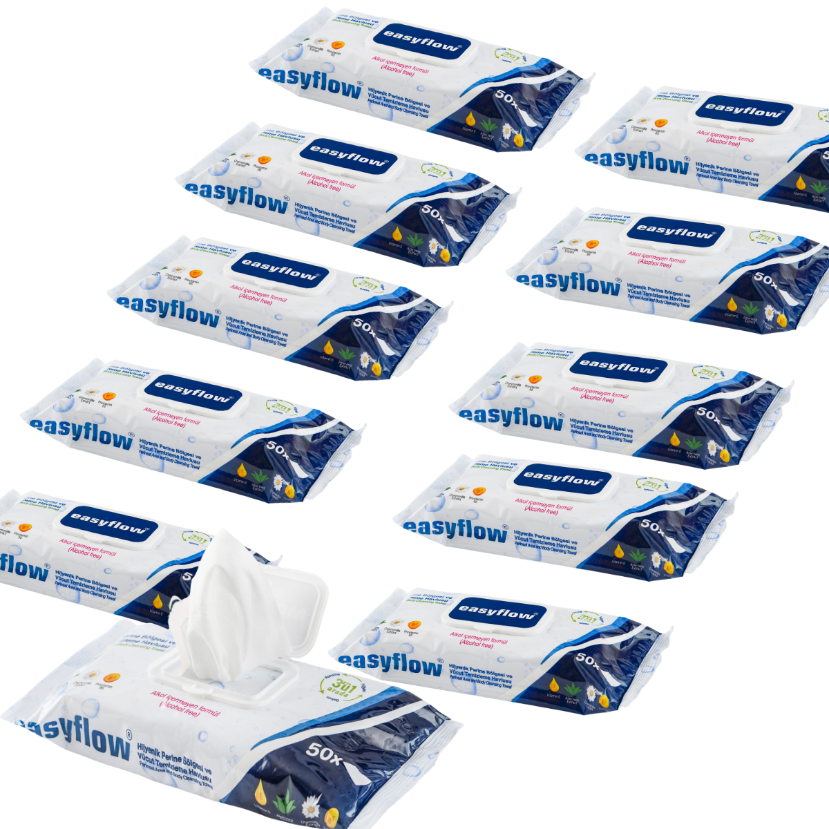 EasyFlow Chusteczki 10x50 szt. nawilżane Easyflow 3w1 do mycia ciała dla seniorów i pacjentów leżących – duży rozmiar, bez alkoholu, z aloesem i rumiankiem