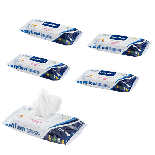 EasyFlow Chusteczki 4x50 szt. nawilżane Easyflow 3w1 do mycia ciała dla seniorów i pacjentów leżących – duży rozmiar, bez alkoholu, z aloesem i rumiankiem (Kopia)