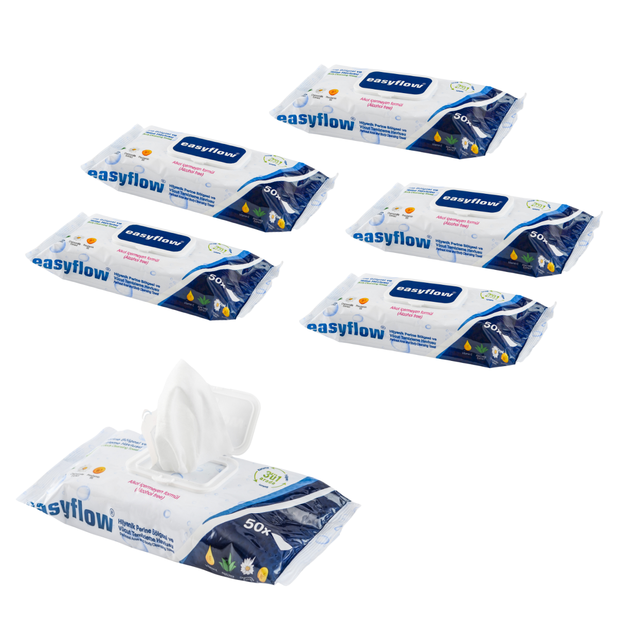 EasyFlow Chusteczki 5x50 szt. nawilżane Easyflow 3w1 do mycia ciała dla seniorów i pacjentów leżących – duży rozmiar, bez alkoholu, z aloesem i rumiankiem
