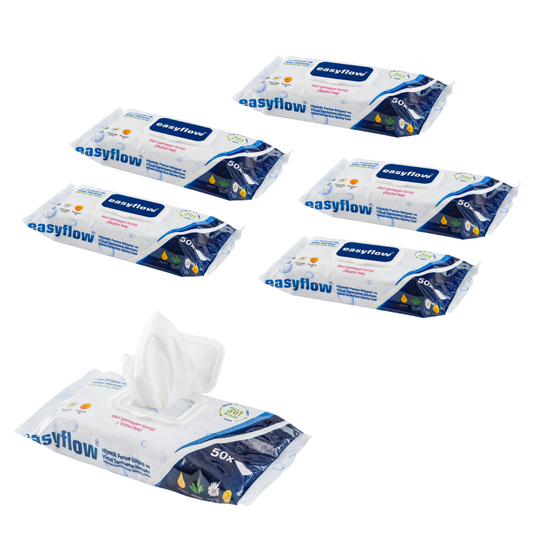 EasyFlow Chusteczki 5x50 szt. nawilżane Easyflow 3w1 do mycia ciała dla seniorów i pacjentów leżących – duży rozmiar, bez alkoholu, z aloesem i rumiankiem