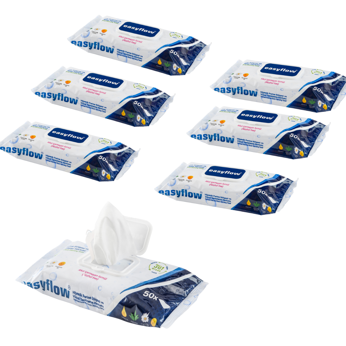 EasyFlow Chusteczki 6x50 szt. nawilżane Easyflow 3w1 do mycia ciała dla seniorów i pacjentów leżących – duży rozmiar, bez alkoholu, z aloesem i rumiankiem