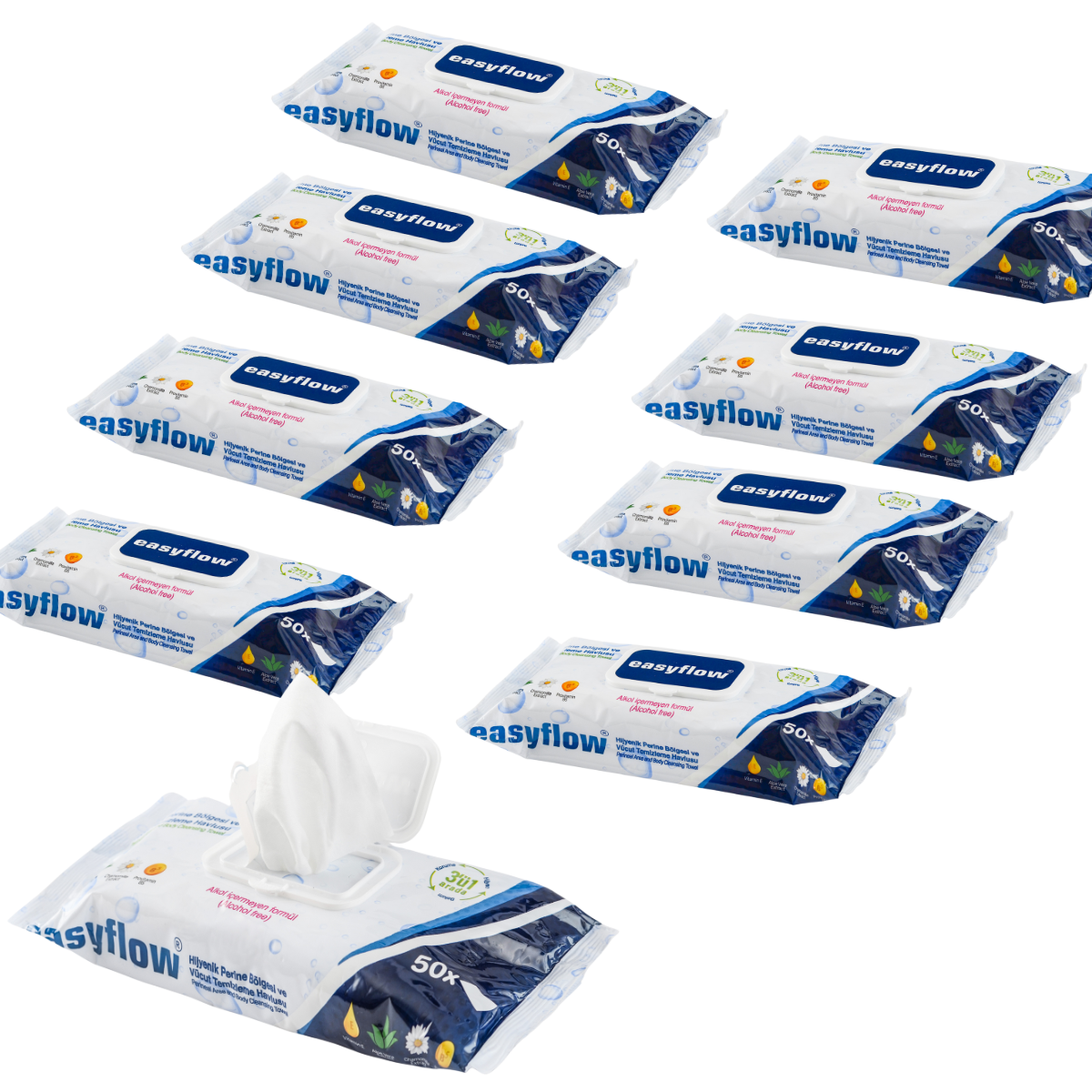EasyFlow Chusteczki 8x50 szt. nawilżane Easyflow 3w1 do mycia ciała dla seniorów i pacjentów leżących – duży rozmiar, bez alkoholu, z aloesem i rumiankiem