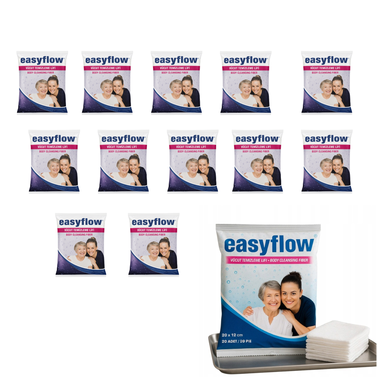 EasyFlow Gąbki myjki 12x20 szt.  z mydłem do mycia ciała dla seniorów i chorych