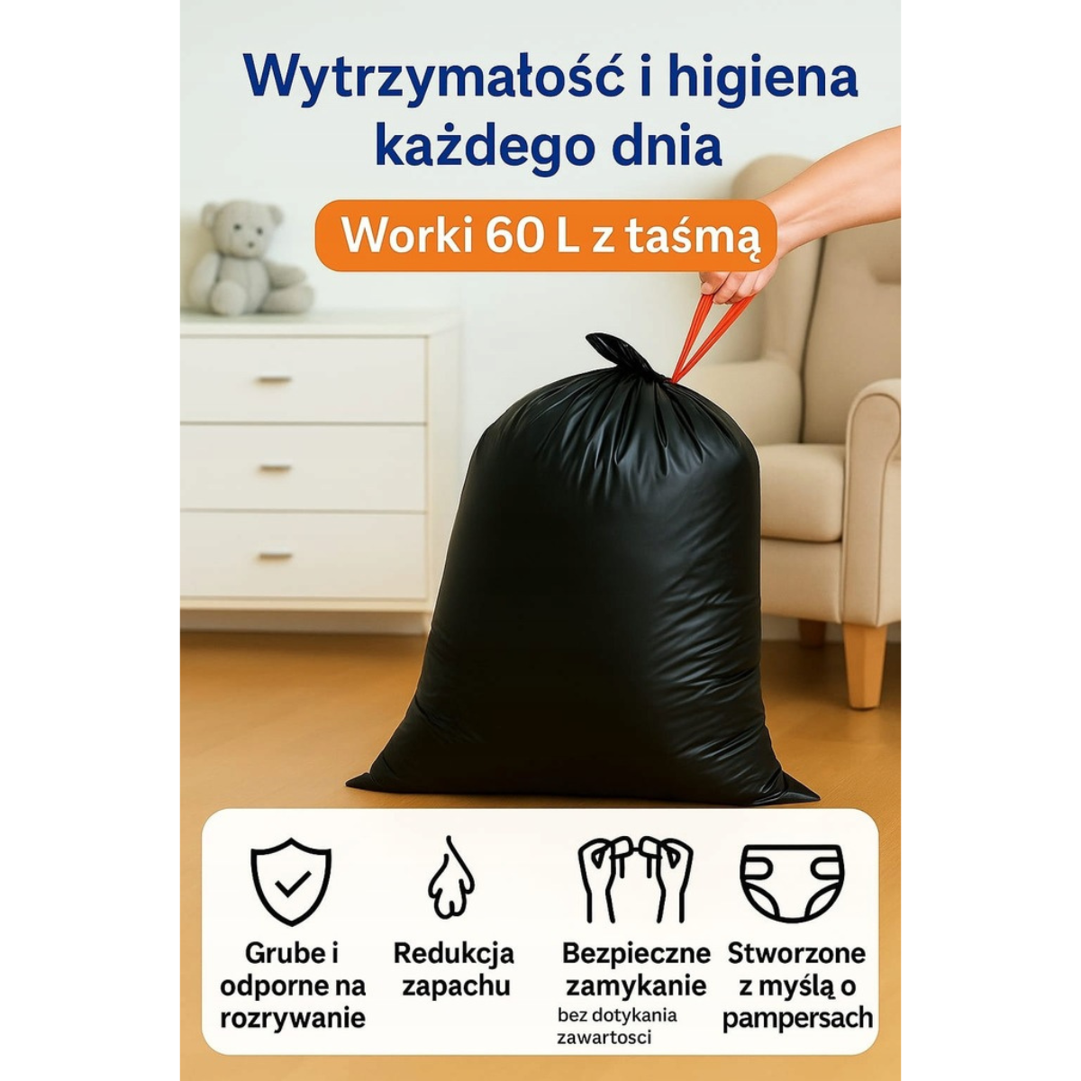 Kangoo Bags 50 sztuk - Worki na śmieci z taśmą 5 rolek po 10 x 60L – extra mocne, idealne do pampersów i odpadów medycznych