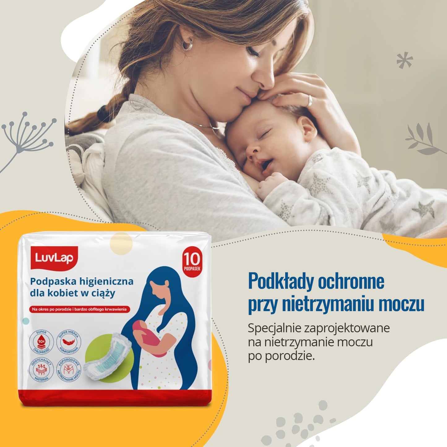 10 szt Podkłady poporodowe podpaski dla mam w okresie połogu chłonne LuvLap