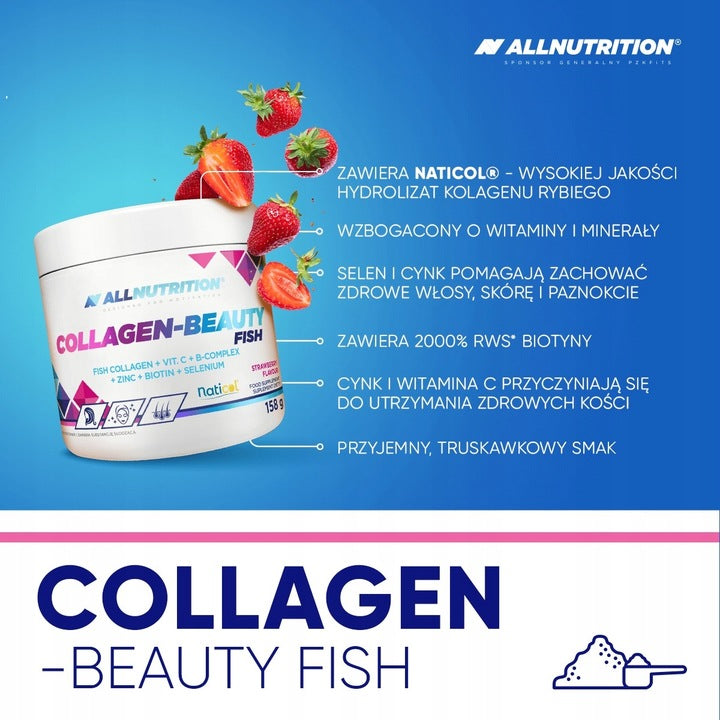 ALLNUTRITION Collagen Beauty Fish 158g Kolagen Biotyna Cynk Wit.C Truskawka