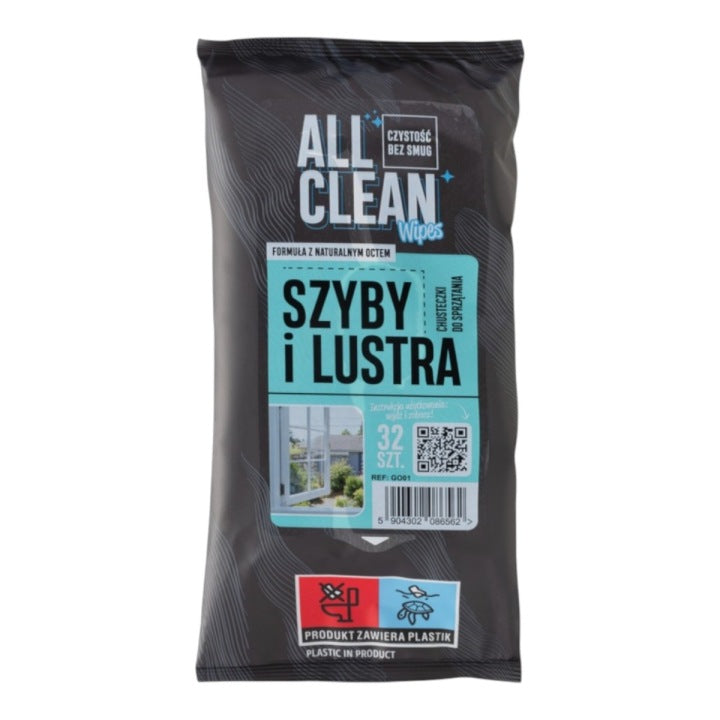 Chusteczki do szyb i luster 32 szt. z octem, bez smug, nawilżane AllClean