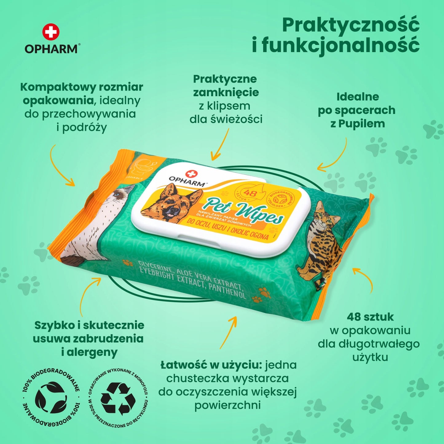Nawilżane chusteczki do pielęgnacji zwierząt oczy, uszy, ogon 48 szt. Opharm