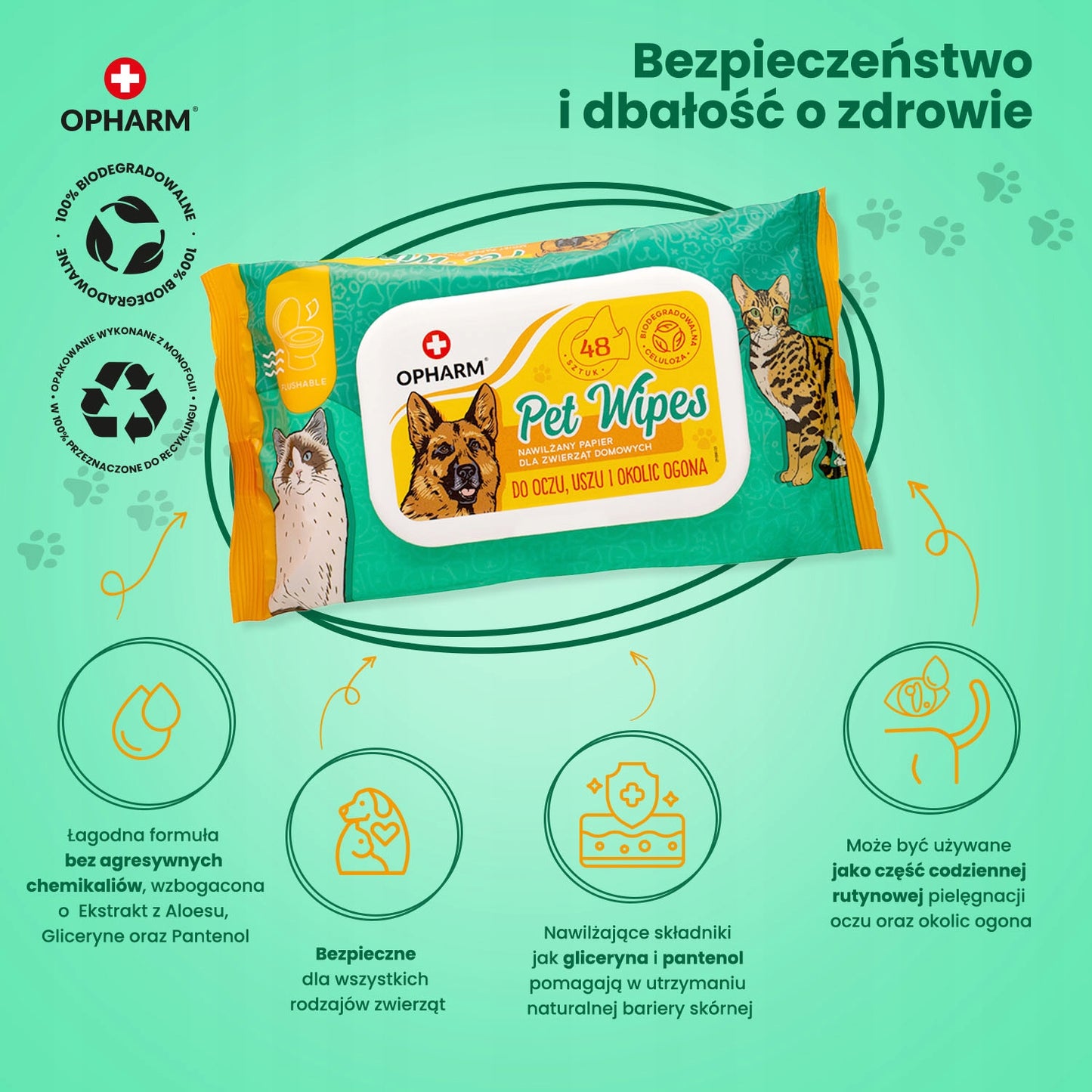 Nawilżane chusteczki do pielęgnacji zwierząt oczy, uszy, ogon 48 szt. Opharm