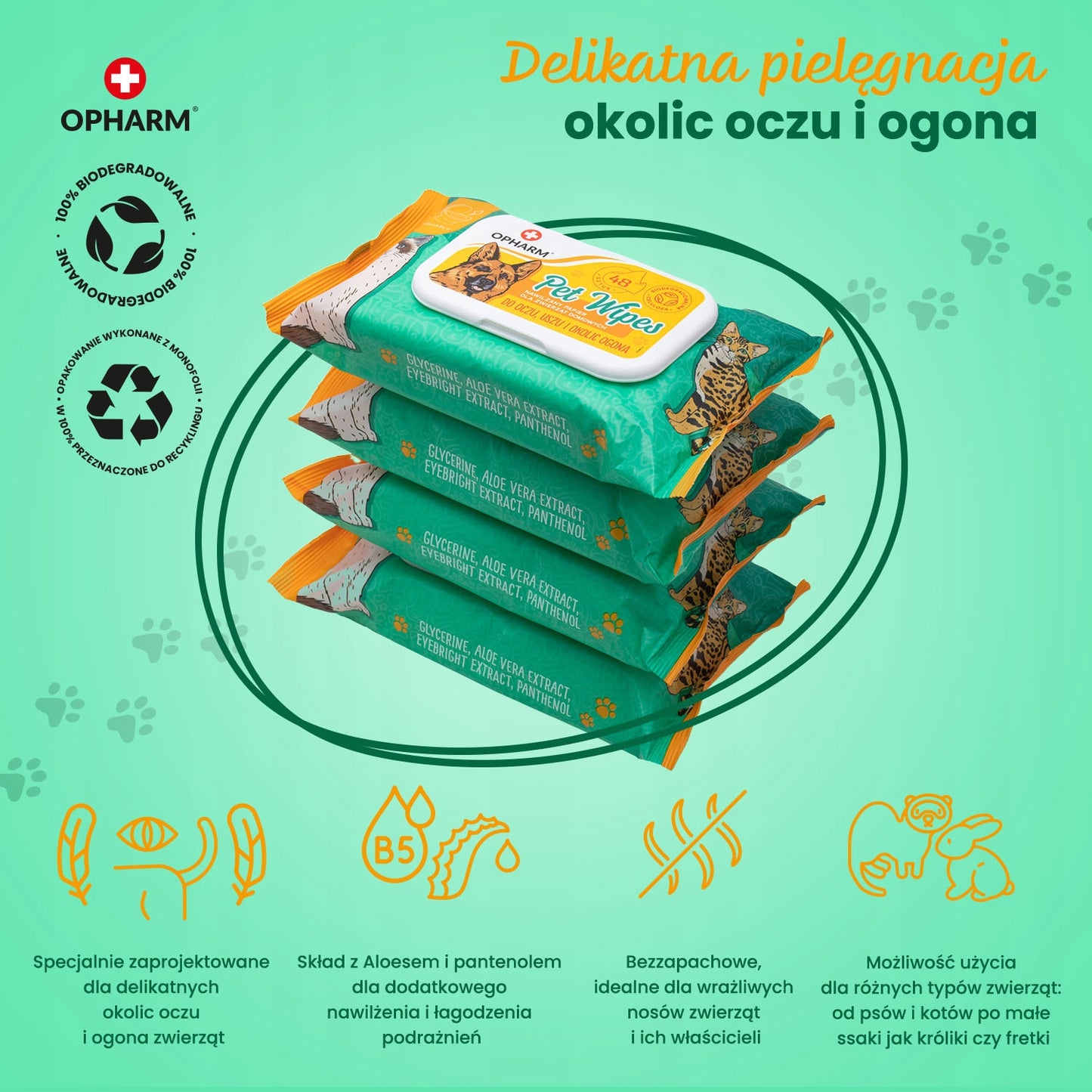 Nawilżane chusteczki do pielęgnacji zwierząt oczy, uszy, ogon 48 szt. Opharm