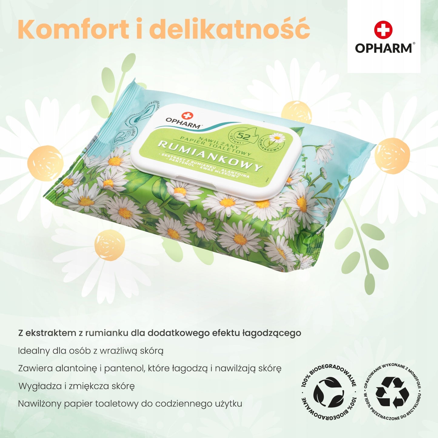 Nawilżany papier toaletowy rumiankowy Opharm 52 szt.