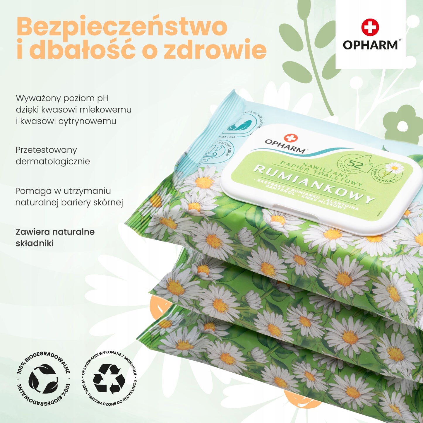 Nawilżany papier toaletowy rumiankowy Opharm 52 szt.