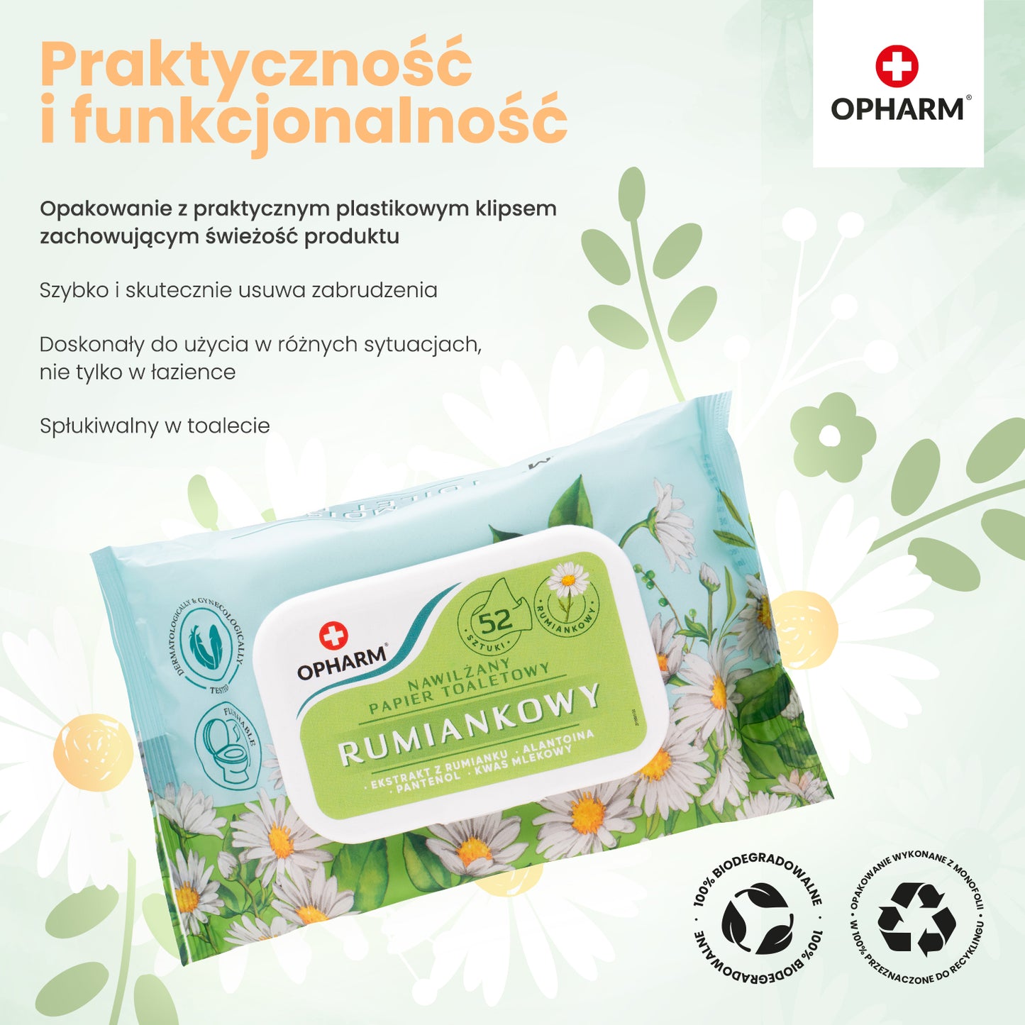 Nawilżany papier toaletowy rumiankowy Opharm 52 szt.